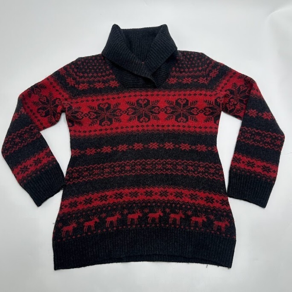 Krimson Klover Sweater Girls L‎ Large 100% Merino Wool Red Black Moose Snowflake